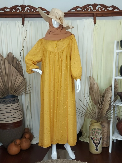 Gamis Dress Ceruty Baby Doll Polkadot Yellow 1 mustard_1